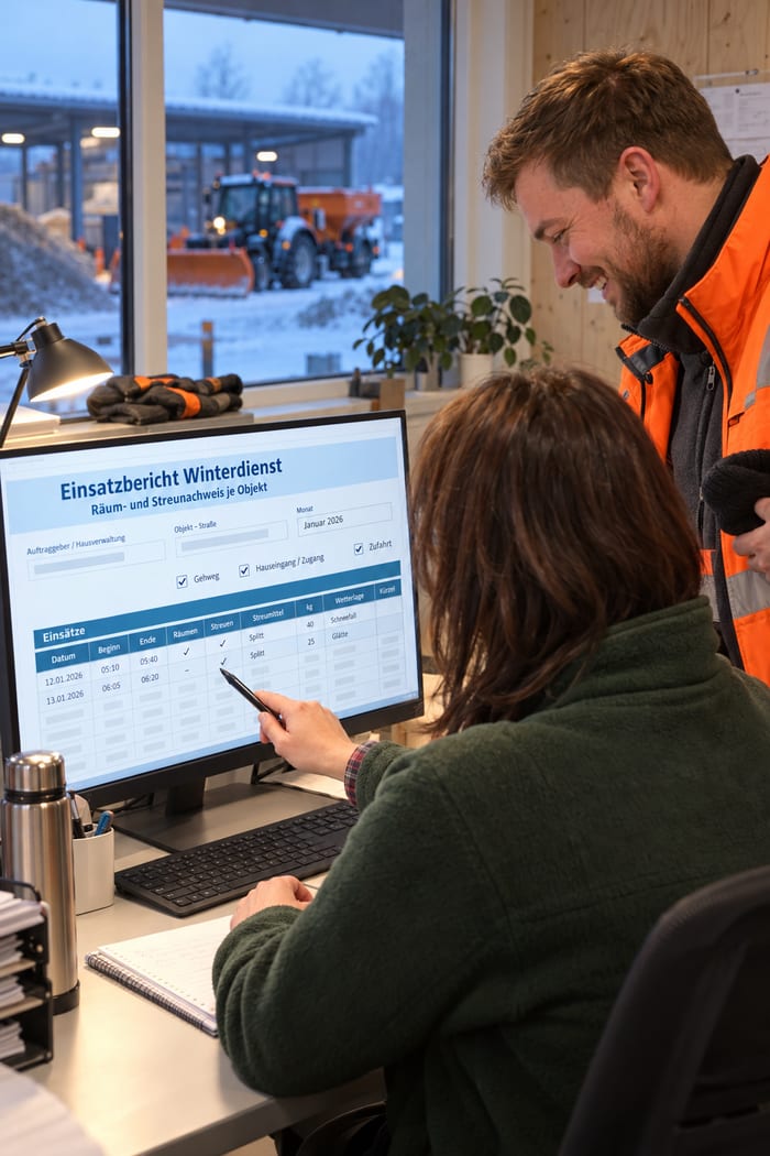 Disponentin zeigt einem lachenden Winterdienstfahrer am Monitor den digitalen Einsatzbericht Winterdienst, draußen auf dem Betriebshof steht das Räumfahrzeug