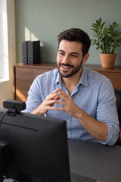 Formilo-Berater erklärt im Online-Meeting, wie der digitale Einsatzbericht entsteht