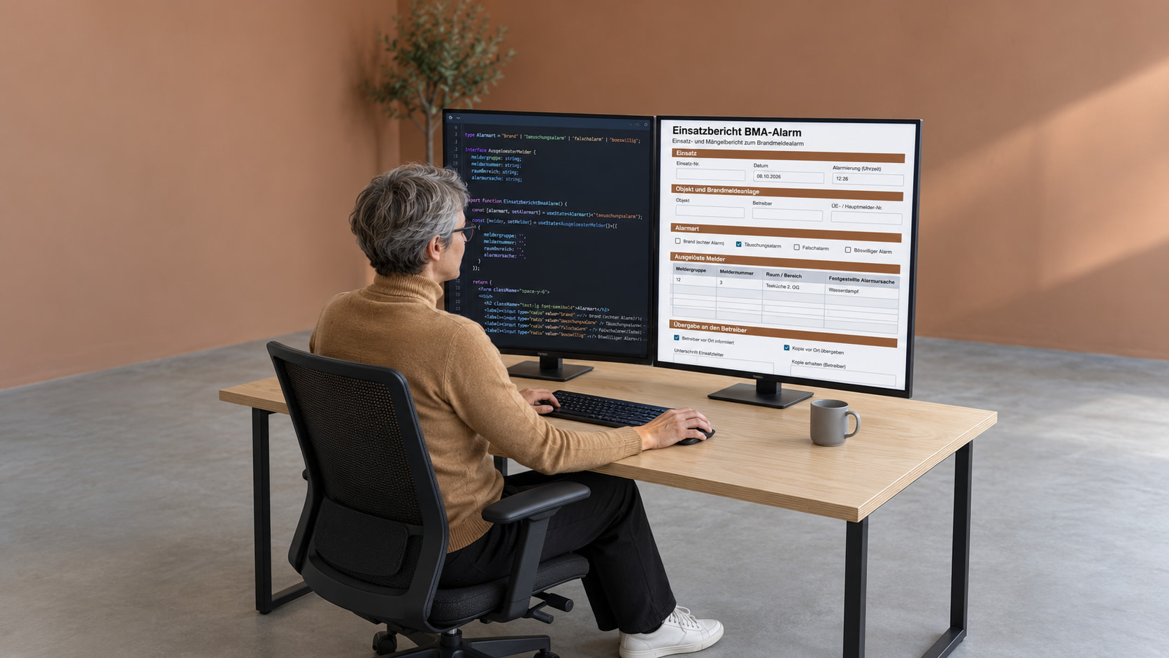 Softwareentwicklerin programmiert den Einsatzbericht BMA-Alarm, auf dem einen Monitor das Formular, auf dem anderen der Code