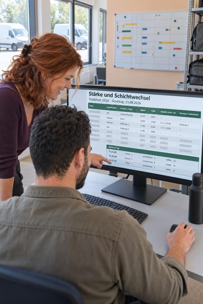 Zwei Mitarbeiter gehen im Büro am Monitor Stärke und Schichtwechsel für das Stadtfest durch, mit Qualifikation, Funktion oder Trupp, Beginn, Ende, Ablösung und Fahrzeug sowie der Stärke je Tag, im Hintergrund eine Magnettafel, Taschen im Regal und Transporter vor dem Fenster