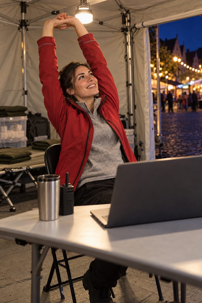 Sanitäterin in roter Jacke streckt im Sanitätszelt am Festplatz lächelnd die Arme über den Kopf, vor ihr Laptop, Funkgerät und Thermobecher, hinter ihr Decken, Materialkisten und eine Feldliege, draußen ein abendlich beleuchteter Altstadtplatz mit Besuchern