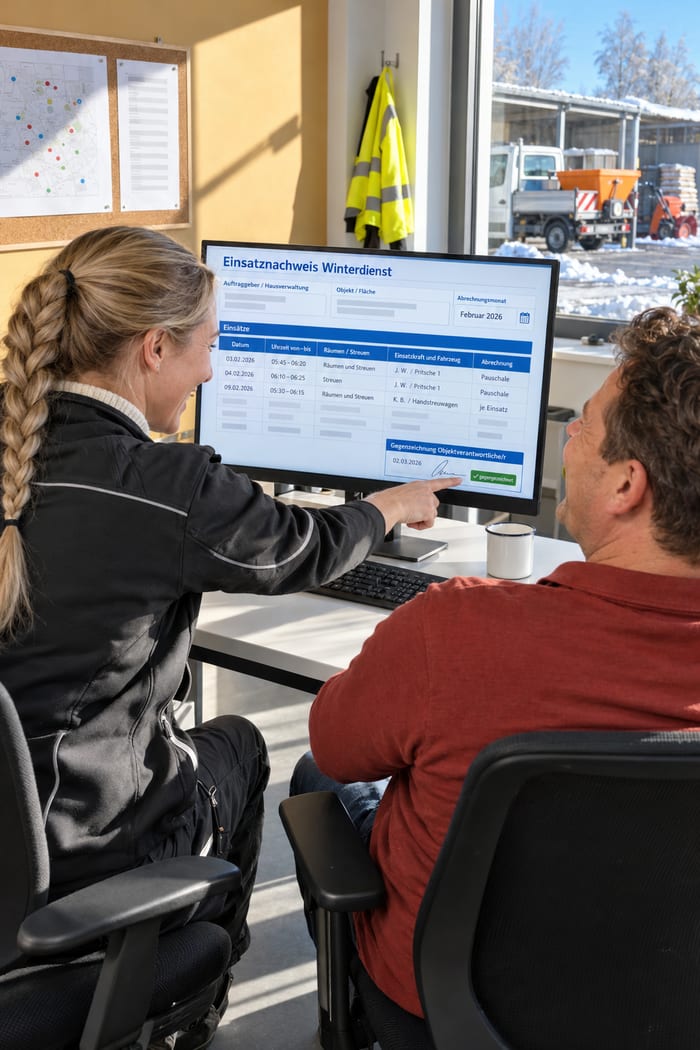 Zwei Mitarbeiter eines Winterdienstbetriebs freuen sich im Büro über den gegengezeichneten Einsatznachweis Winterdienst am Monitor, draußen ein Räumfahrzeug mit Streuaufbau im Schnee