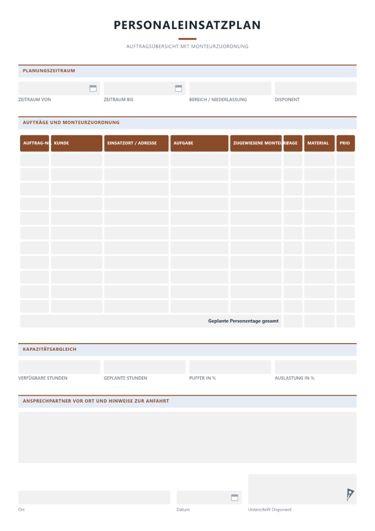 Personaleinsatzplan Aufträge