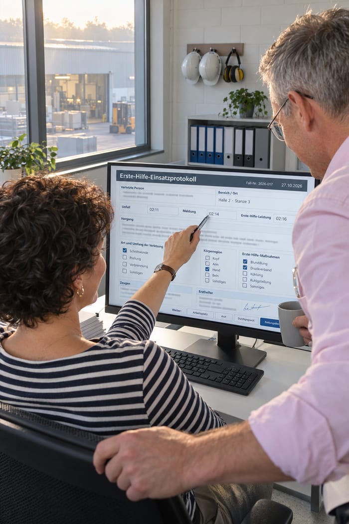Zwei Mitarbeiter im Büro eines Werks gehen am Monitor gemeinsam das Erste-Hilfe-Einsatzprotokoll mit Zeitpunkten, Verletzungsart, Körperregion und Erste-Hilfe-Maßnahmen durch, an der Wand hängen Schutzhelme, draußen eine Werkhalle mit Gabelstapler