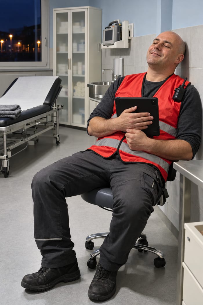 Betriebssanitäter mit Glatze in roter Warnweste lehnt sich im Sanitätsraum lächelnd mit geschlossenen Augen zurück und hält das Tablet an die Brust, hinter ihm Liege, Verbandschrank und ein Defibrillator an der Wand, draußen ist es Nacht