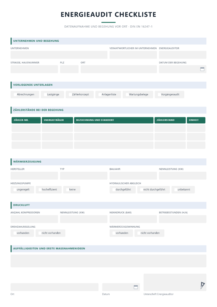 Energieaudit-Checkliste für Datenaufnahme und Begehung vor Ort