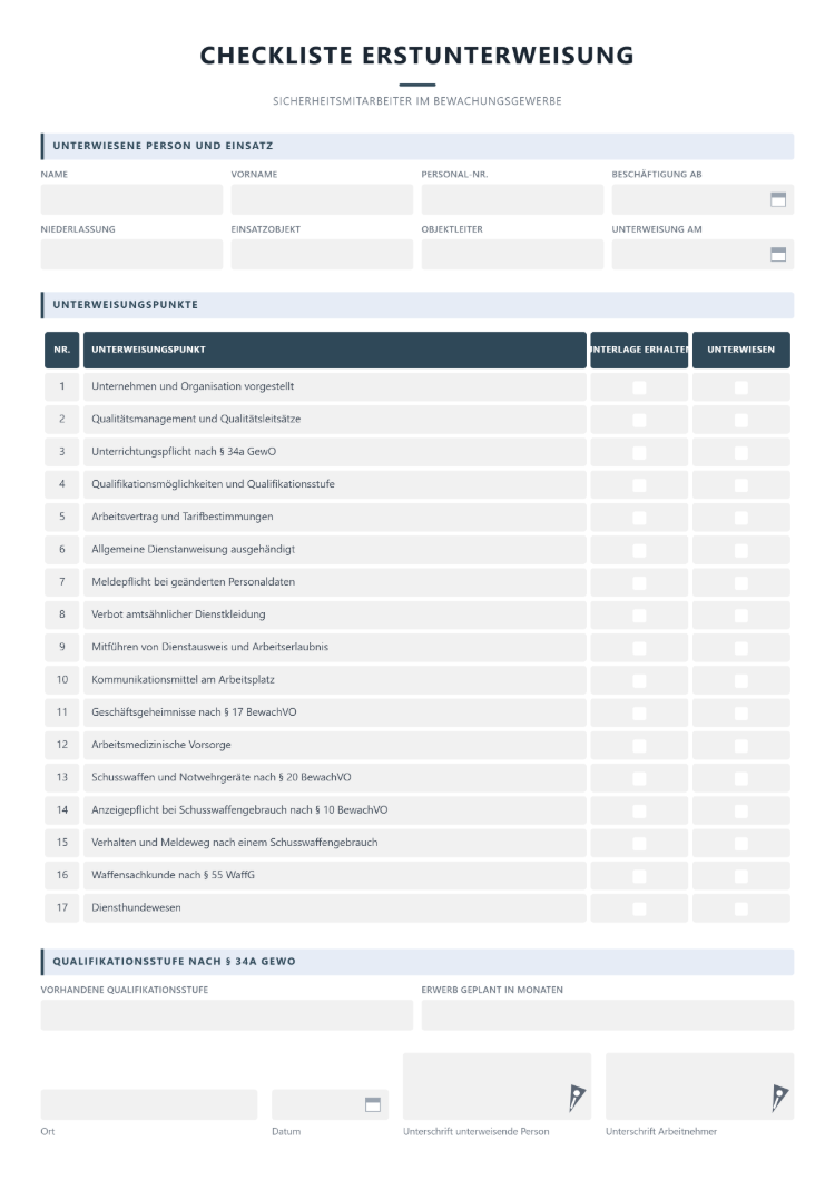 Erstunterweisung Checkliste