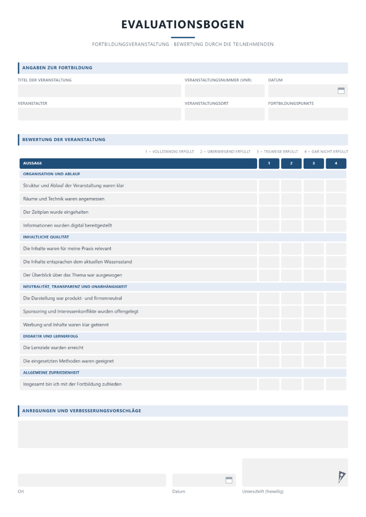 Evaluationsbogen für Fortbildungsveranstaltungen