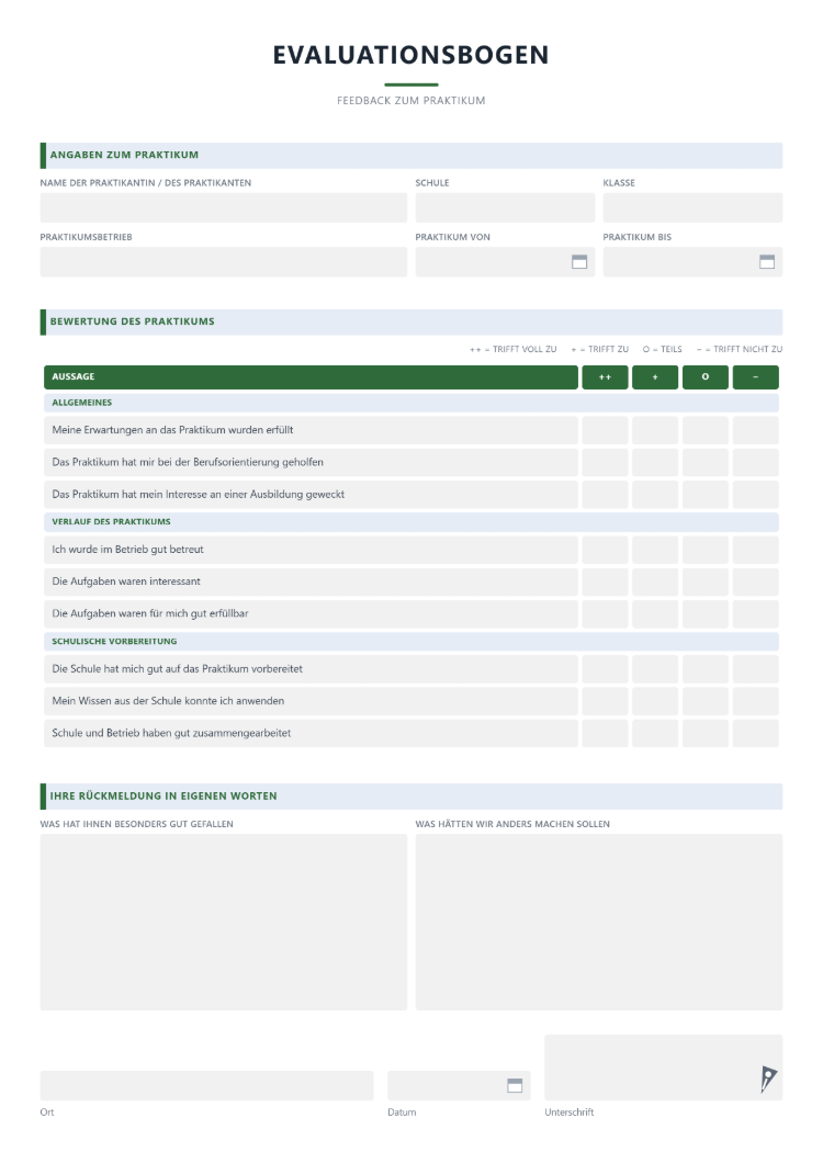 Evaluationsbogen zum Praktikum