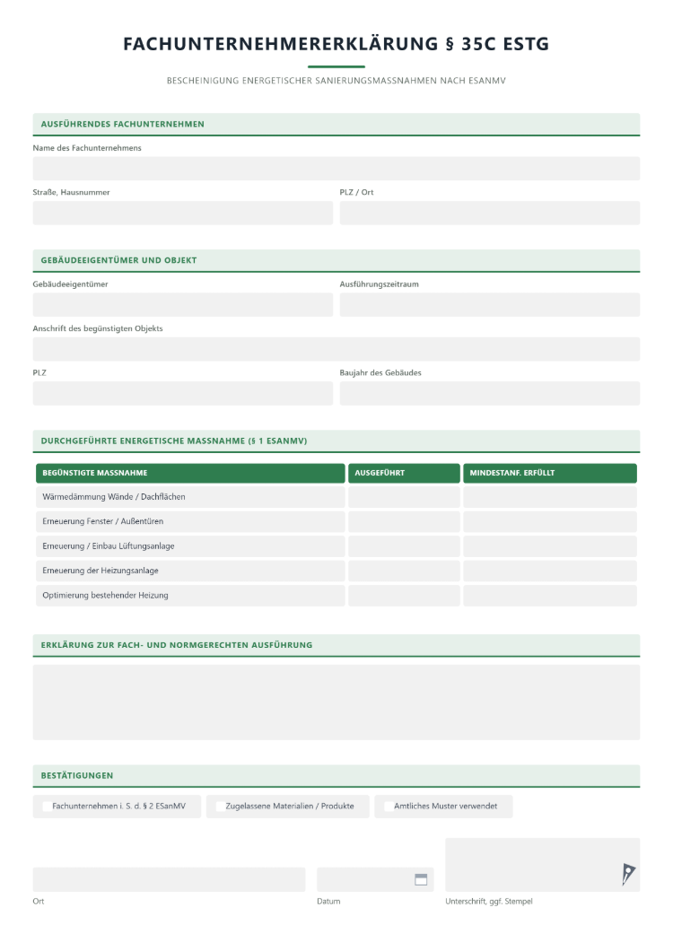 Fachunternehmererklärung nach § 35c EStG