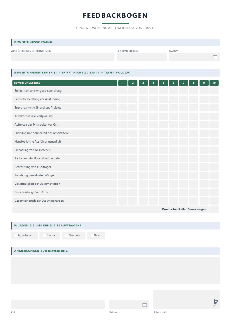 Feedbackbogen zur Bewertung