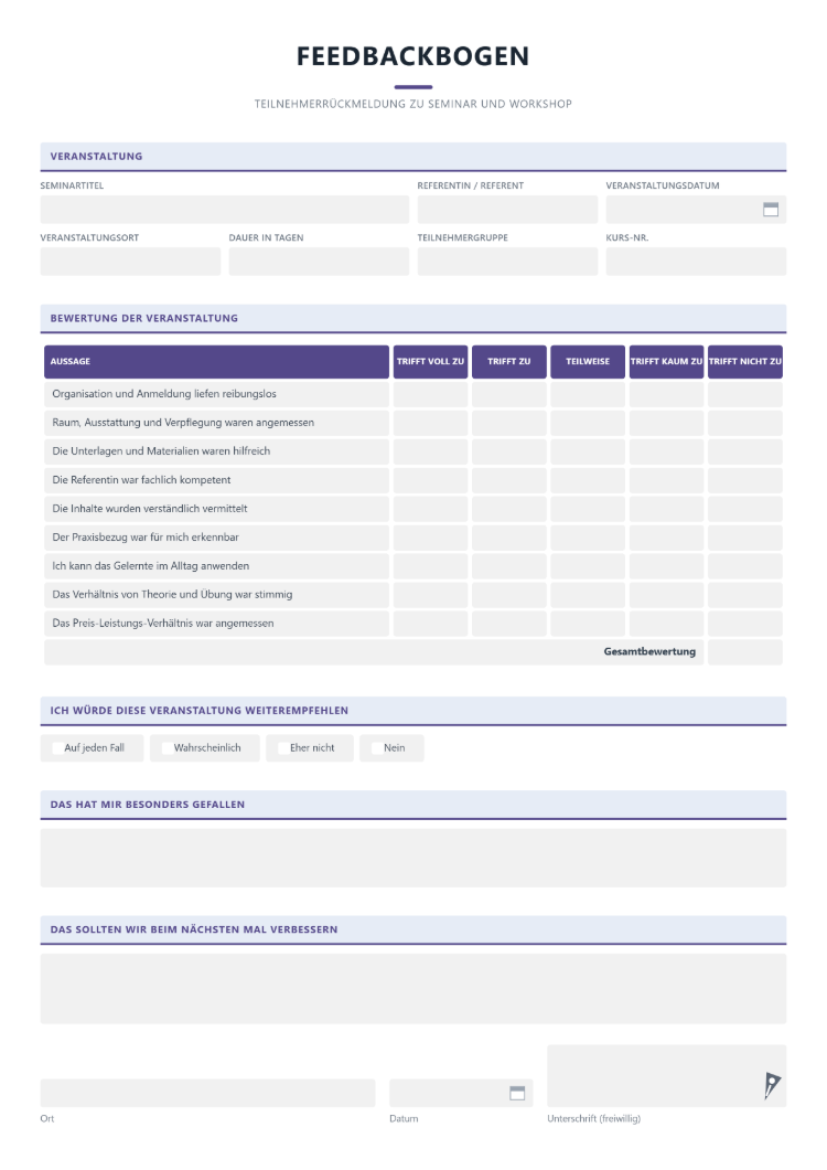 Feedbackbogen für Seminare