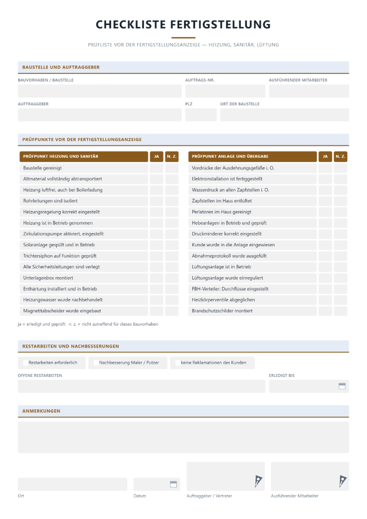 Checkliste zur Fertigstellung für Heizung, Sanitär und Lüftung