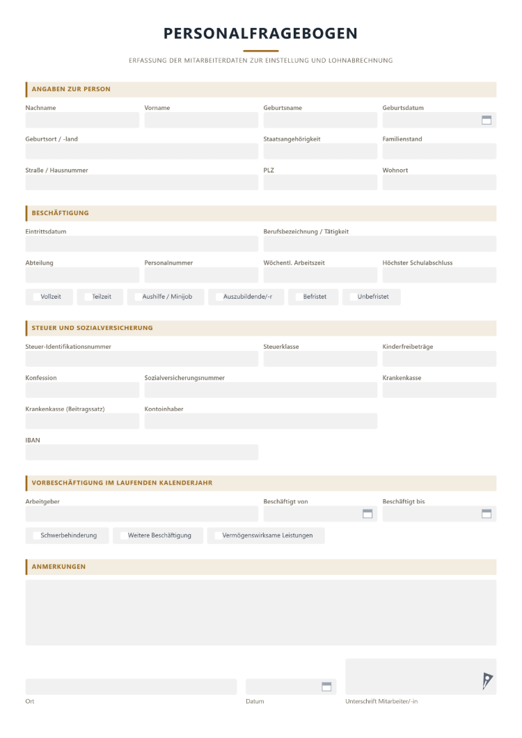 Fragenkatalog für die Personalerfassung