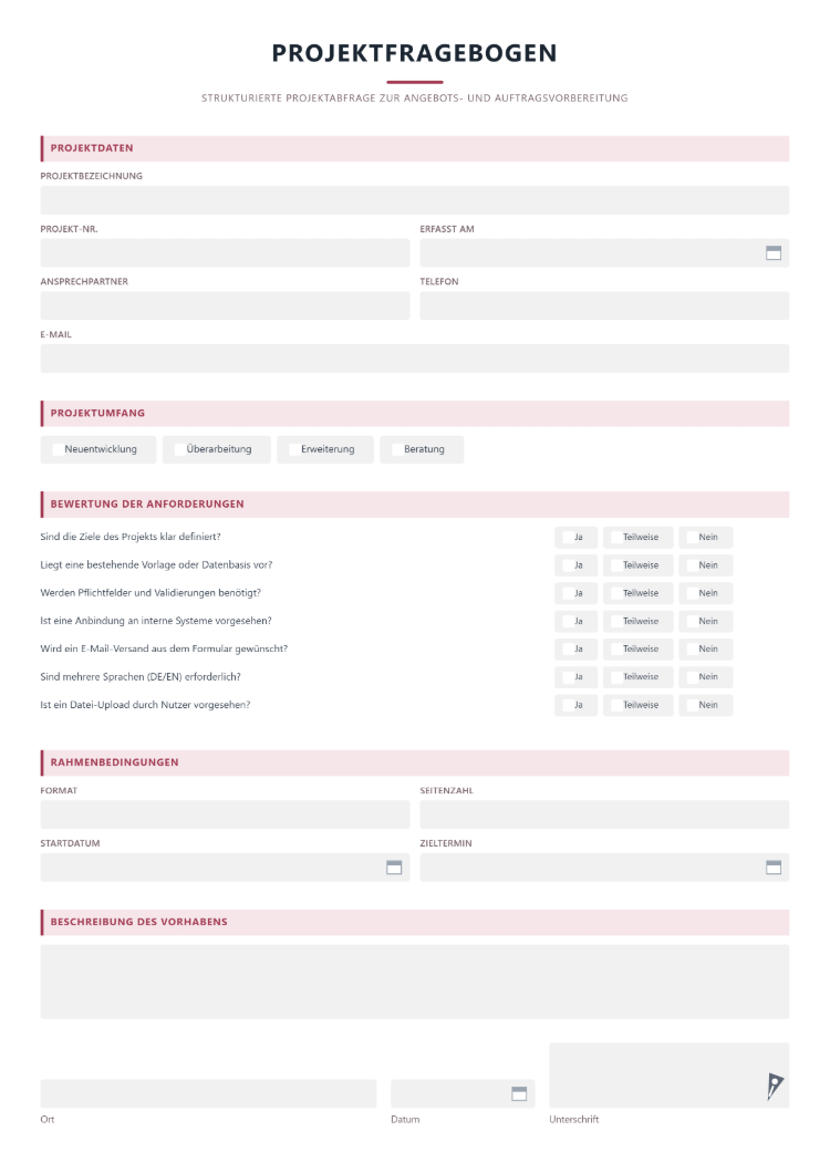 Fragenkatalog als Projektfragebogen