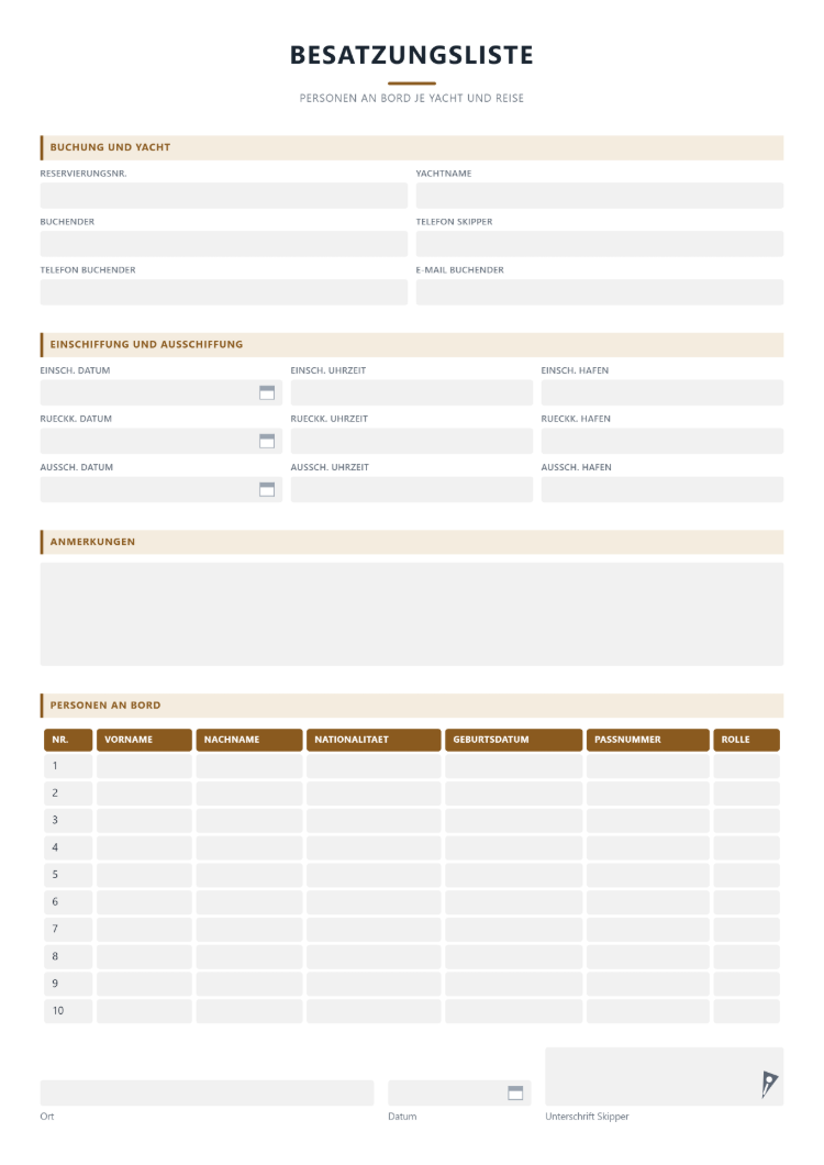 Besatzungsliste für Yacht