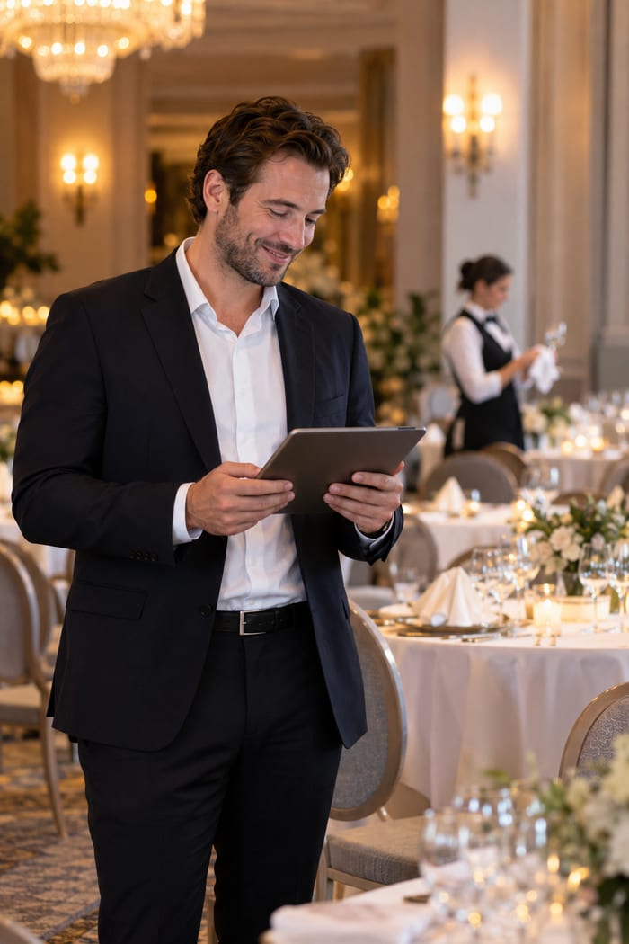Bankettleiter im eingedeckten Veranstaltungssaal mit der digitalen Gästeliste auf dem Tablet
