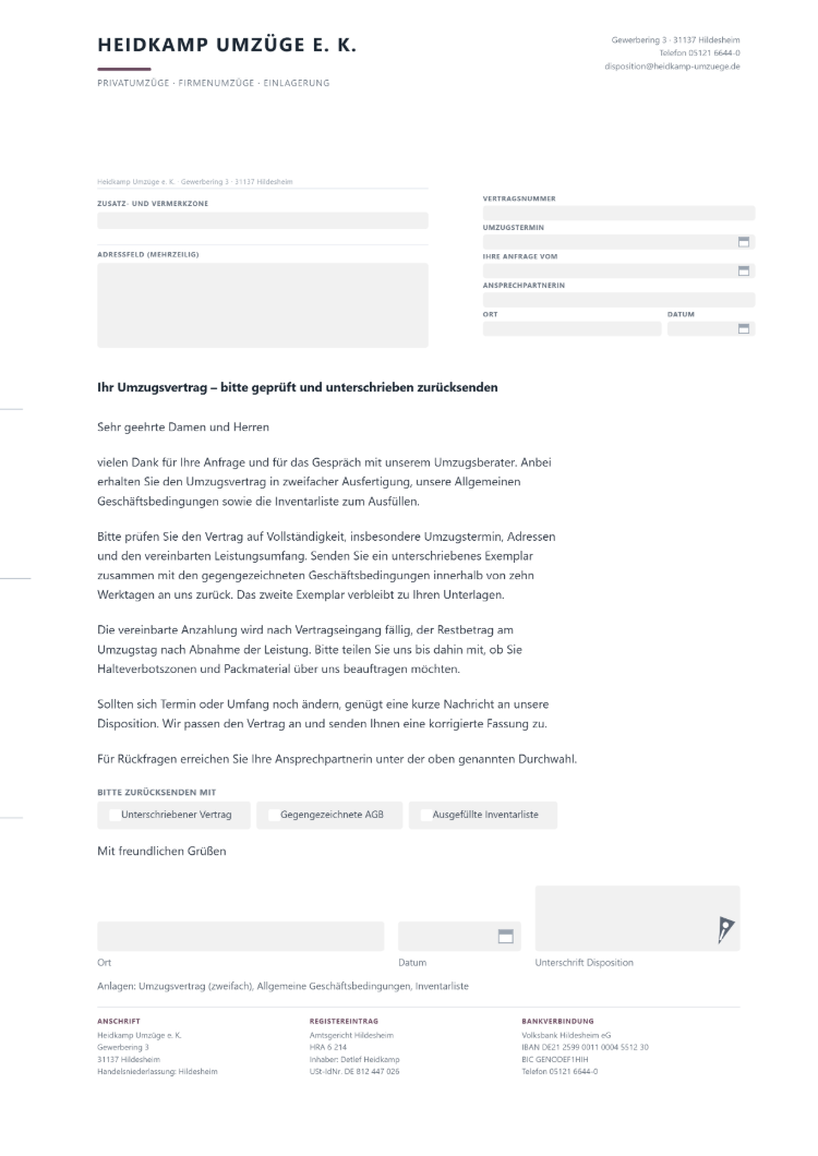 Anschreiben zum Vertragsversand