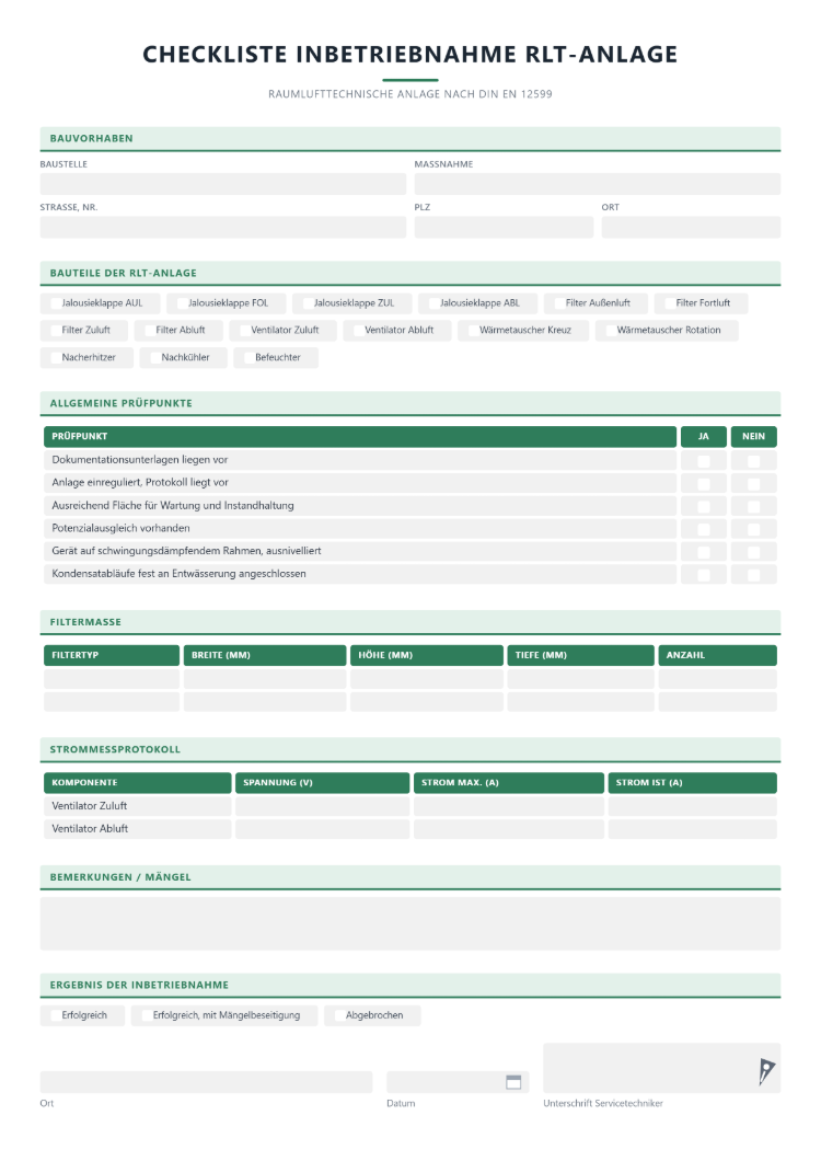 Inbetriebnahmeprotokoll RLT-Anlage