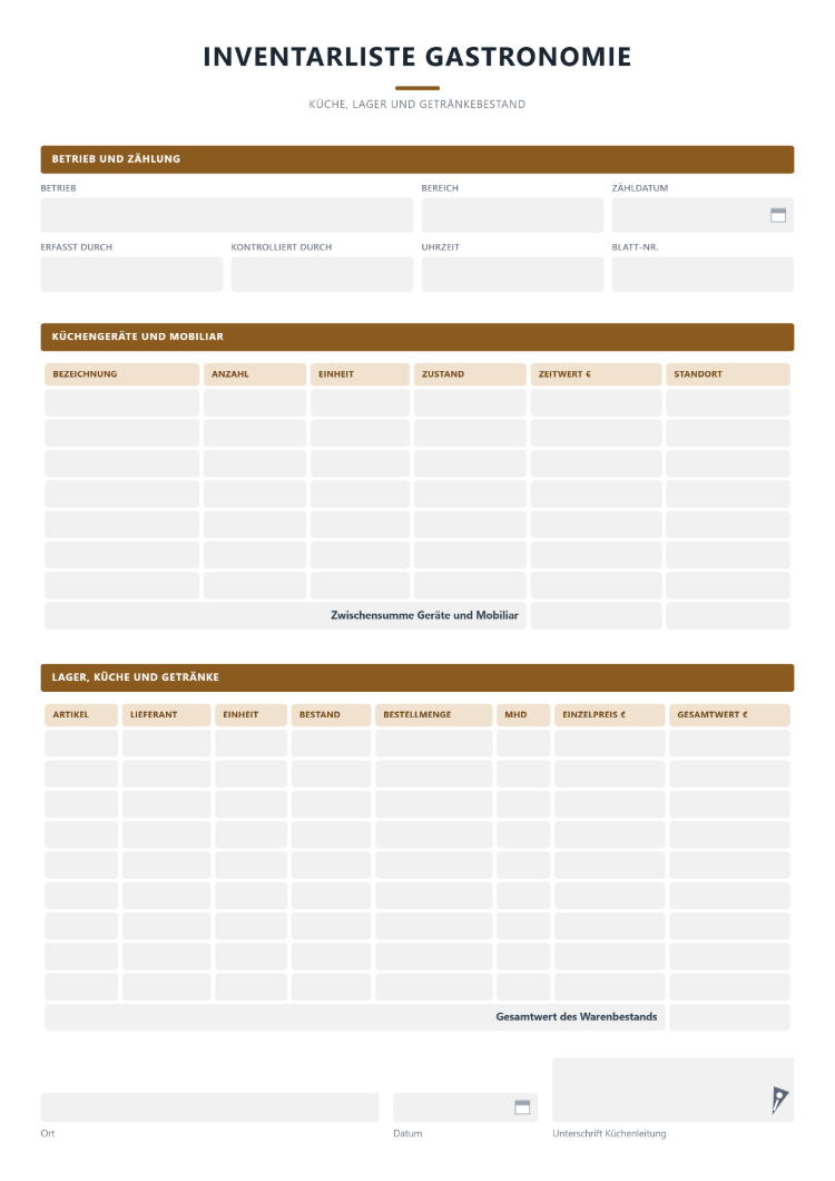 Inventarliste für die Gastronomie