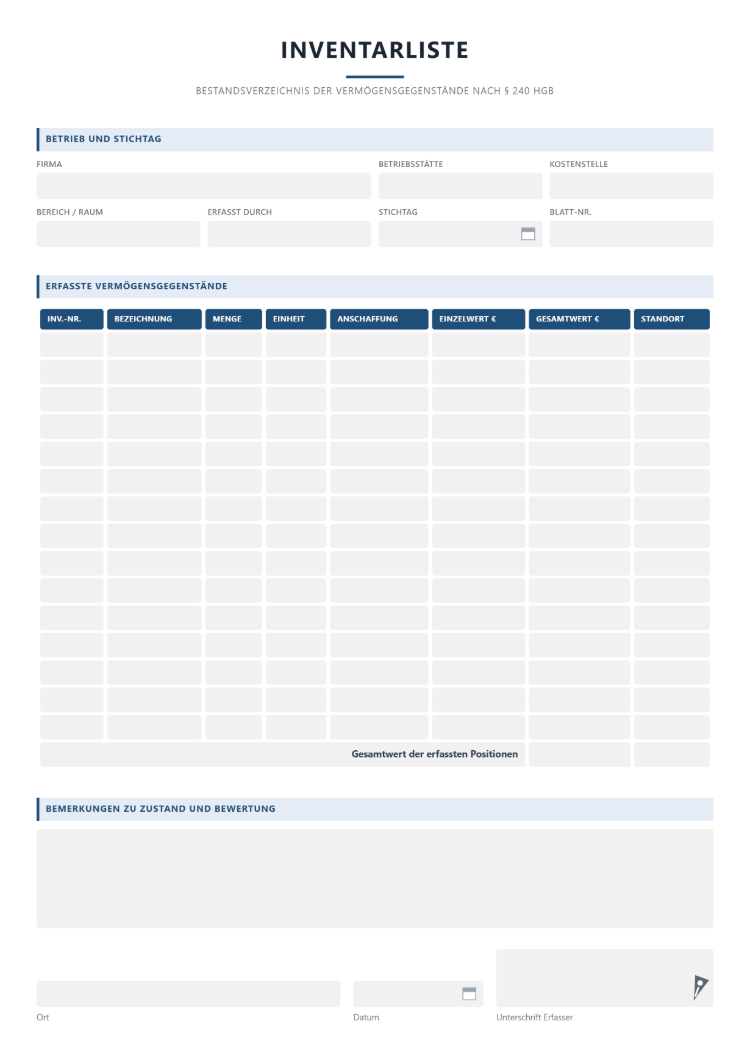 Inventarliste Vorlage