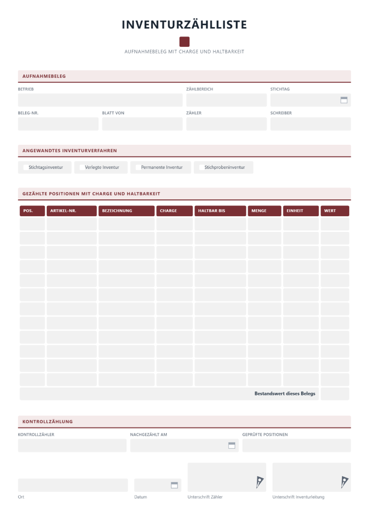 Inventurzählliste als Muster