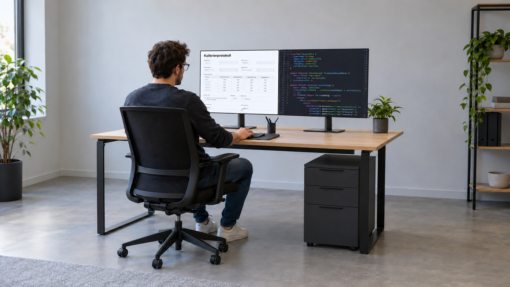 Entwickler programmiert ein digitales Kalibrierprotokoll an zwei Monitoren