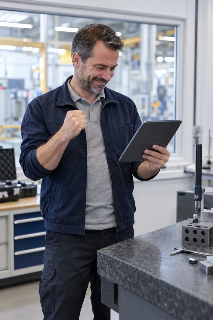 Mitarbeiter der Qualitätssicherung freut sich im Messraum über sein fertiges digitales Kalibrierprotokoll