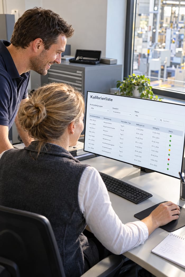 Zwei Mitarbeiter der Qualitätssicherung prüfen gemeinsam die digitale Kalibrierliste mit Statusampel