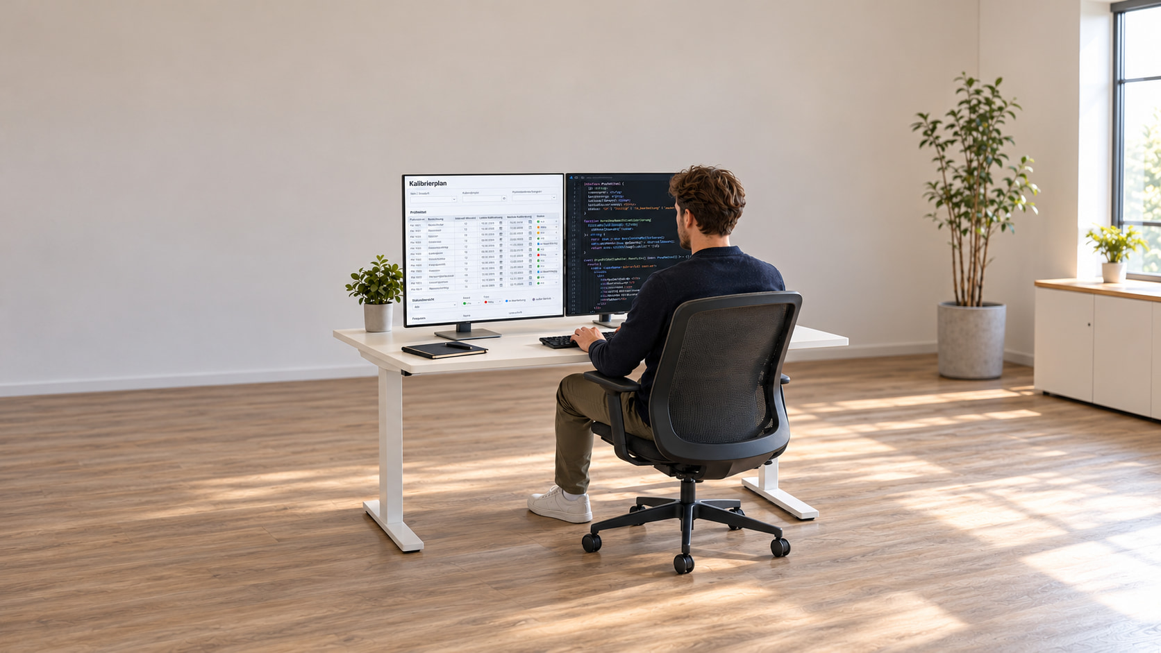 Entwickler programmiert an zwei Monitoren einen digitalen Kalibrierplan mit Prüfmitteltabelle