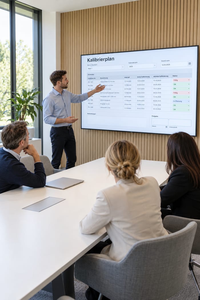 Präsentation eines digitalen Kalibrierplans mit Fristen und Status im Konferenzraum