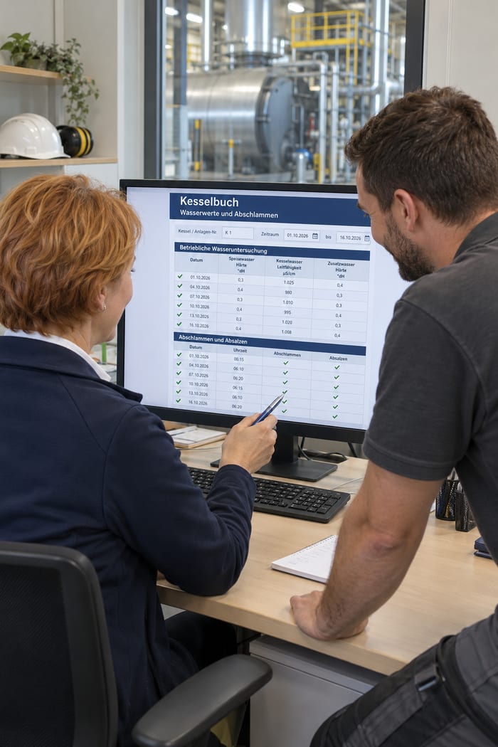 Betriebsingenieurin und Anlagenfahrer im Betriebsbüro neben dem Kesselhaus sehen sich am Monitor Wasserwerte und Abschlammen im digitalen Kesselbuch an