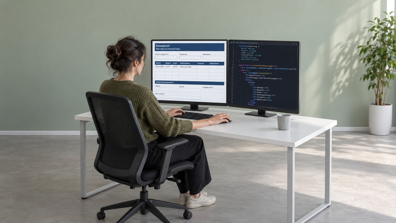 Entwicklerin programmiert das Kesselbuch, auf dem einen Monitor das Formular für Störungen und Abschaltungen, auf dem anderen der Code