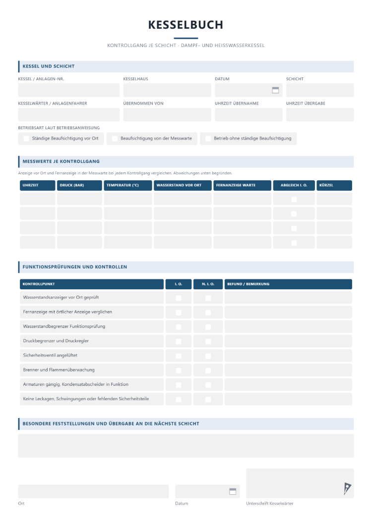 Kesselbuch für den Kontrollgang je Schicht mit Messwerten, Abgleich von Vor-Ort- und Fernanzeige und Funktionsprüfungen am Kessel
