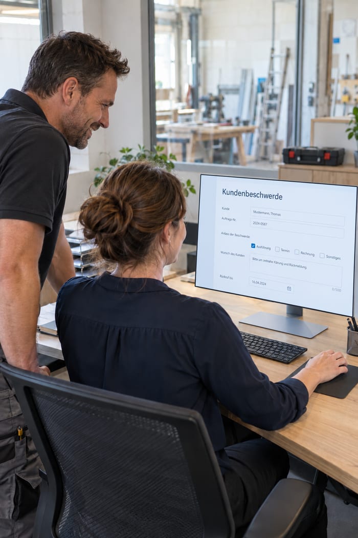 Innendienst-Mitarbeiterin und Meister prüfen im Büro neben der Werkstatt eine digital erfasste Kundenbeschwerde
