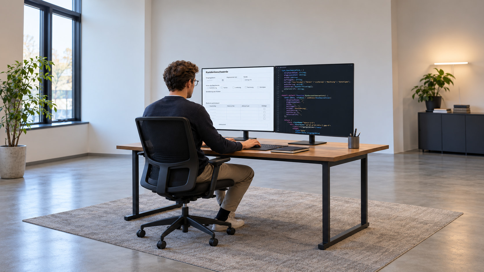 Entwickler setzt ein digitales Kundenbeschwerde-Formular um, links die Formularmaske, rechts der Programmcode