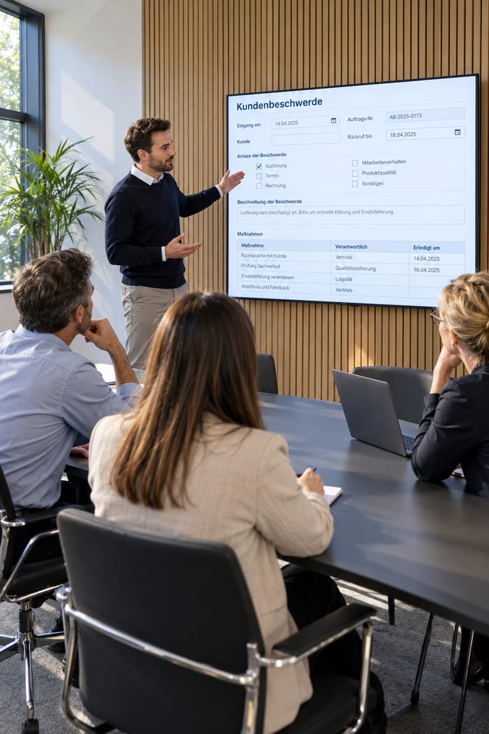Team bespricht am Wandbildschirm ein digitales Kundenbeschwerde-Formular mit Anlass, Rückruftermin und Maßnahmen