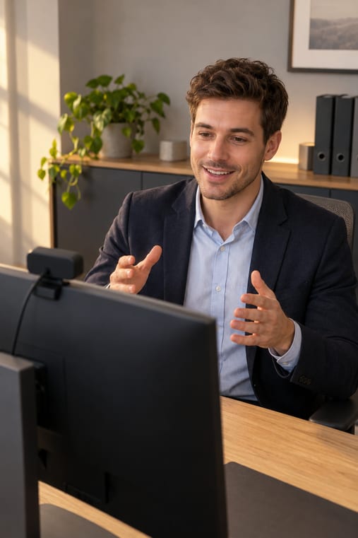Berater zeigt im Videocall, welche Felder und Antwortbausteine das digitale Kundenbeschwerde-Formular bekommt