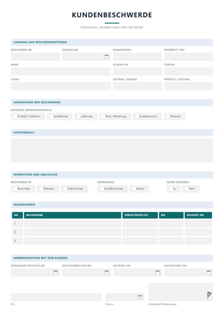 Kundenbeschwerde-Muster mit Eingang, Kategorie, Bewertung, Maßnahmen und Kommunikation mit dem Kunden