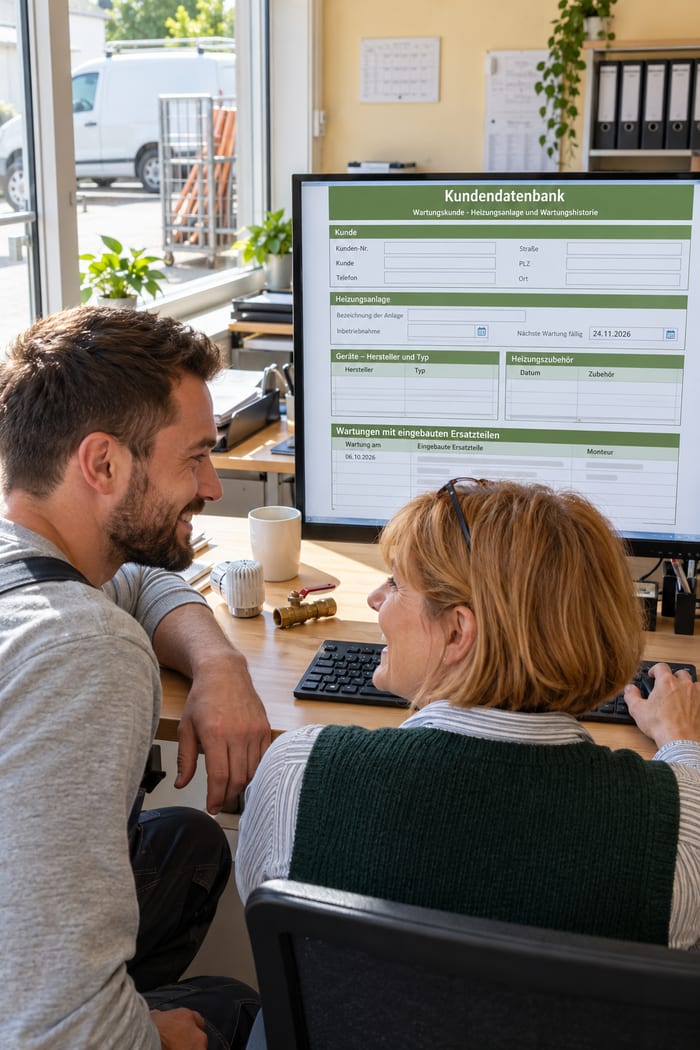 Büroleiterin und Kundendienstmonteur eines Heizungsbetriebs freuen sich im Büro über die Kundendatenbank mit Heizungsanlage und Wartungshistorie am Monitor