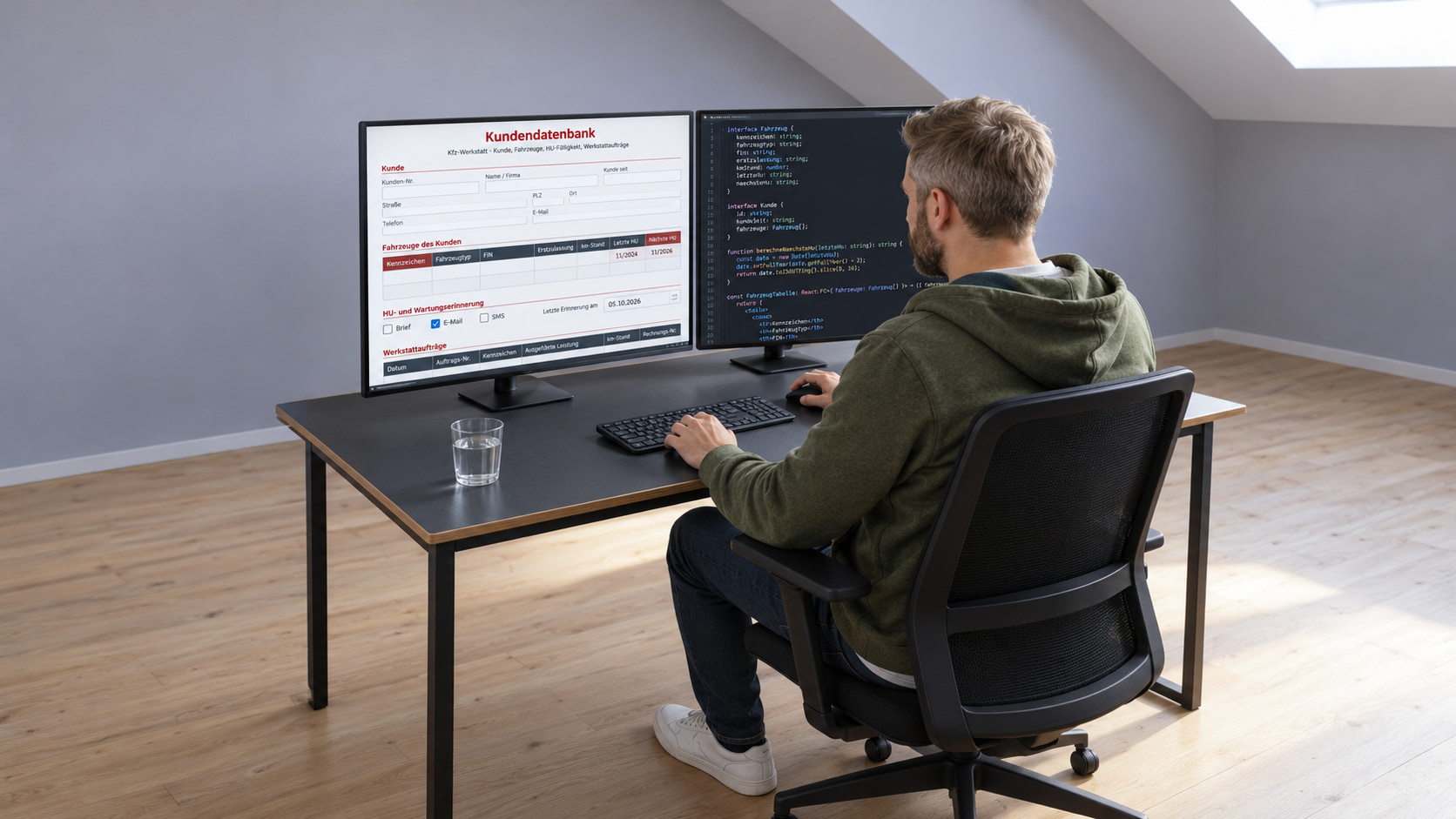 Softwareentwickler programmiert die Kundendatenbank für die Kfz-Werkstatt, auf dem einen Monitor die Maske mit Fahrzeugen und HU-Fälligkeit, auf dem anderen der Code