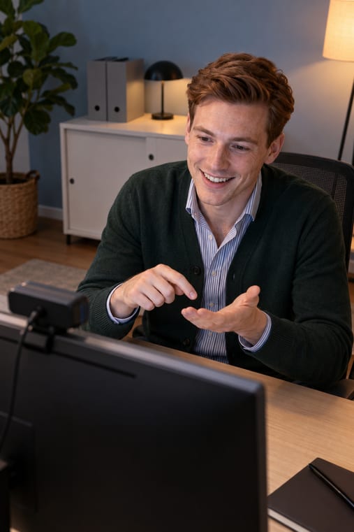 Formilo-Berater erklärt im Online-Meeting an seinem Schreibtisch mit offener Geste, wie die Kundendatenbank entsteht