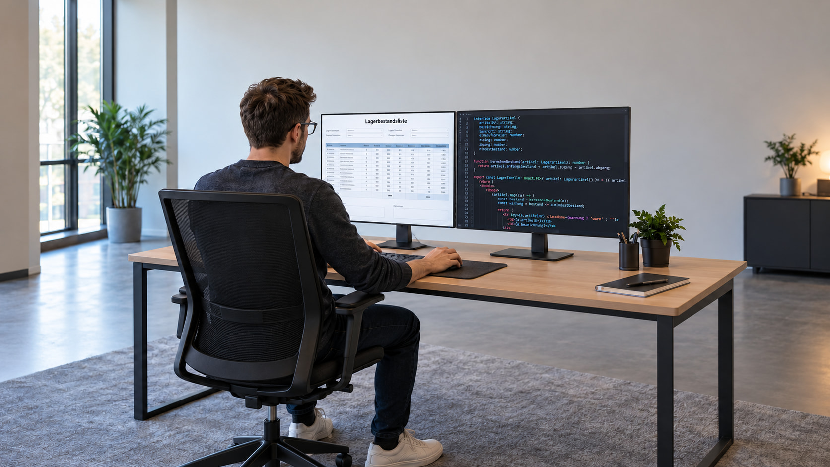 Entwickler programmiert an zwei Monitoren eine digitale Lagerbestandsliste mit Bestandstabelle