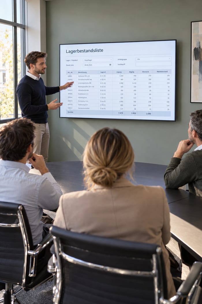 Präsentation einer digitalen Lagerbestandsliste mit Zugang, Abgang und Meldebestand im Konferenzraum