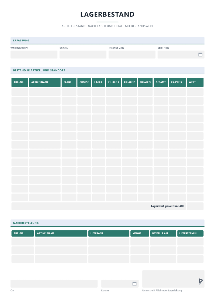 Lagerbestand-Tabelle für den Handel mit Farbe, Größe, Lager- und Filialspalten und Bestandswert