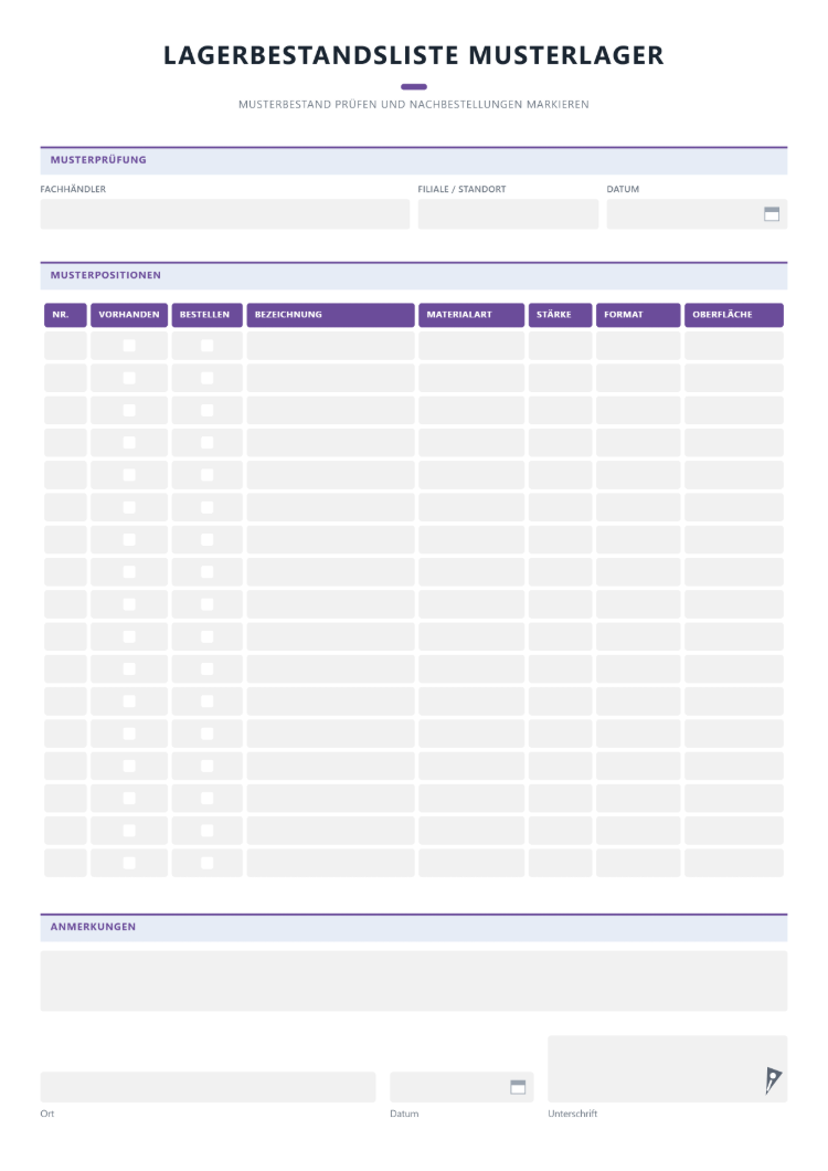 Muster-Lagerbestandsliste eines Fachhändlers mit Musterpositionen, Vorhanden und Bestellen