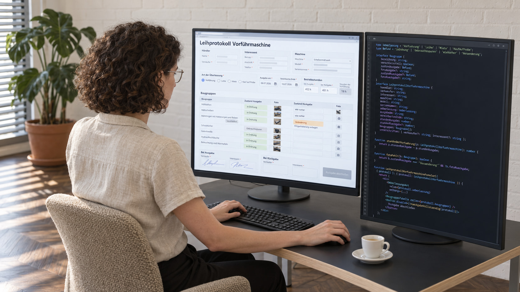 Entwicklerin programmiert das Leihprotokoll: links das Formular Leihprotokoll Vorführmaschine mit Händler, Interessent, Maschine, Art der Überlassung, Betriebsstunden und Baugruppen mit Zustand und Foto bei Ausgabe und Rückgabe, rechts der Code