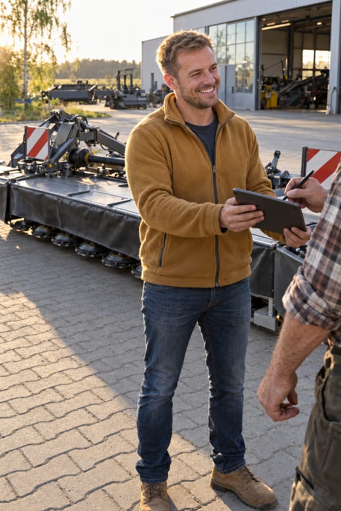 Lächelnder Verkäufer in senffarbener Fleecejacke reicht auf dem Hof eines Landtechnik-Händlers einem Landwirt im karierten Hemd das Tablet zur Unterschrift, hinter ihm ein Scheibenmähwerk mit Schutztüchern und Warntafeln, im Hintergrund die Werkstatthalle