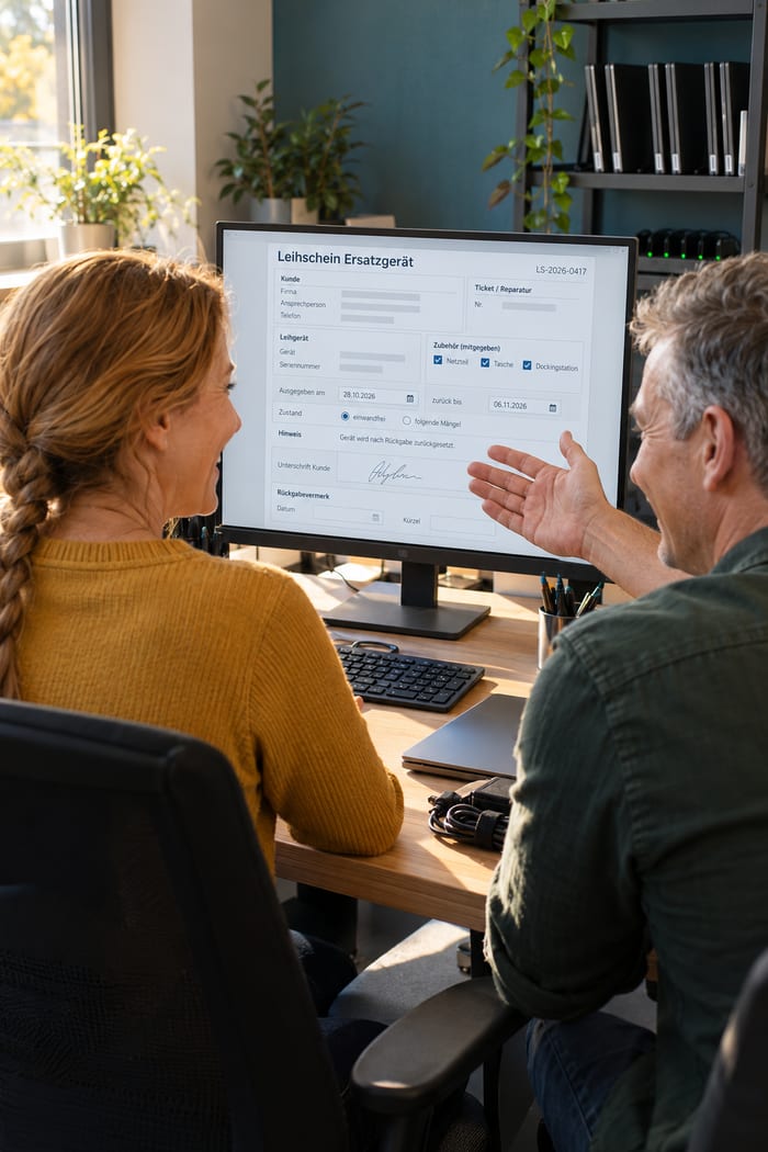 Zwei Mitarbeiter freuen sich im Büro über den digitalen Leihschein Ersatzgerät am Monitor mit Kunde, Leihgerät, abgehaktem Zubehör, Rückgabetermin und Unterschrift, auf dem Tisch ein zugeklapptes Notebook mit Netzteil
