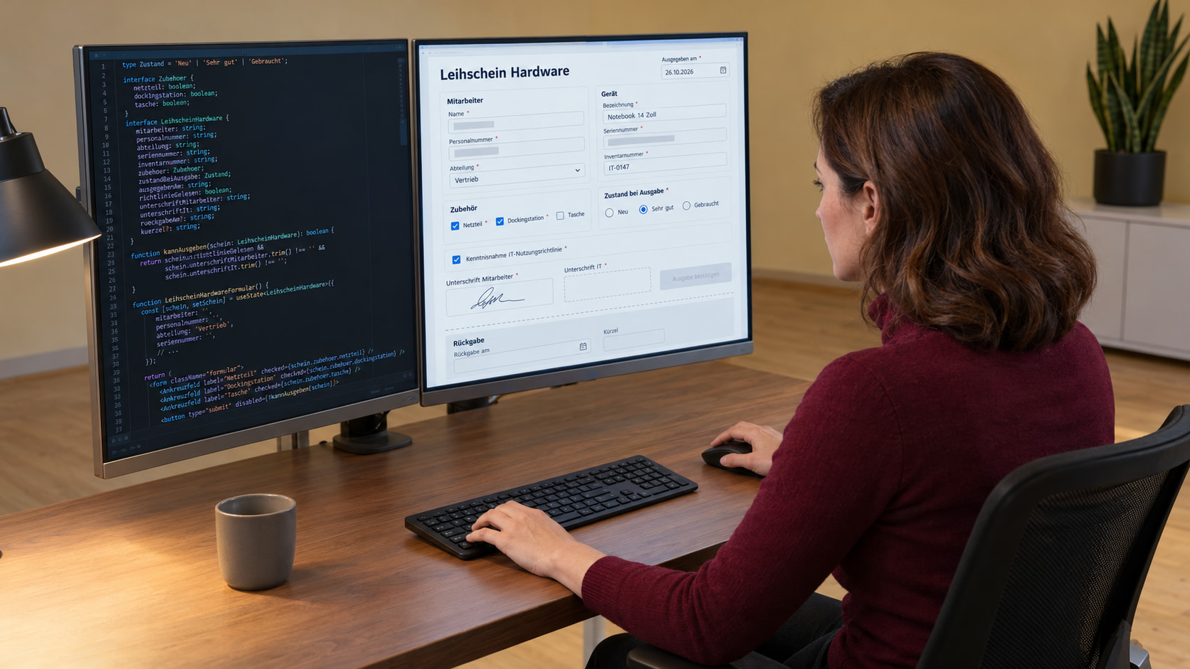 Entwicklerin programmiert den Leihschein: links der Code, rechts das Formular Leihschein Hardware mit Mitarbeiter, Gerät mit Serien- und Inventarnummer, Zubehör zum Abhaken, Zustand bei Ausgabe, Unterschriften und Rückgabe